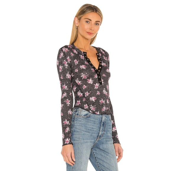 Free People NWT One of the Girls Printed Henley Pink Floral Long Sleeve Top New - Picture 13 of 13